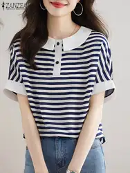 ZANZEA coreano Slim Holiday tunica Shirt 2024 Summer Stripes camicetta corta donna Patchwork top elegante Office Doll Collar Blusas