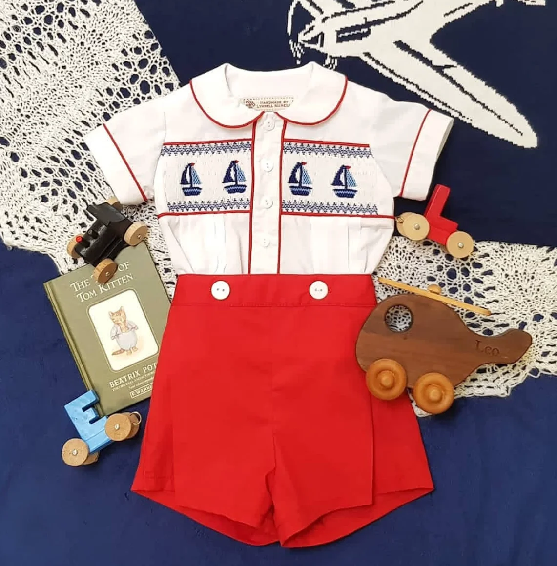 Baby Boy Girl Autumn Summer Cartoon Cars Sailboat Embroidery Handmade Smocked Outfit Suit for Birthday Party Photography A142