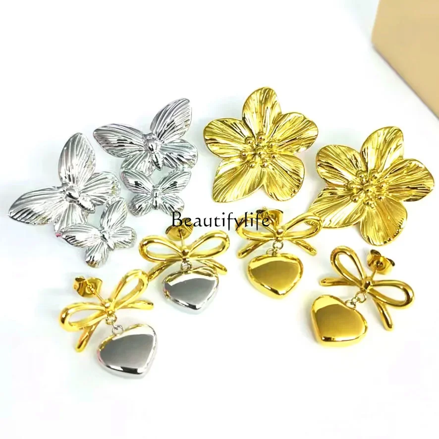 French court style bow peach heart five petal flower exaggerated stainless steel earrings