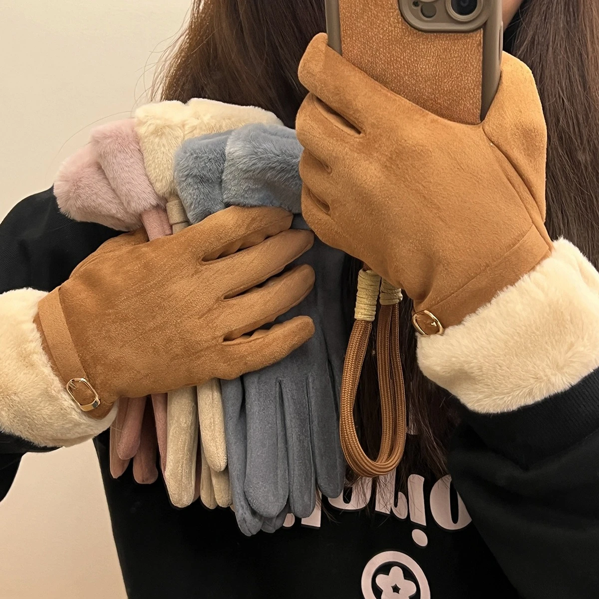 الشتاء لطيف الرياح الغزلان الجلد المخملية قفازات دافئة للنساء مع سميكة المخملية شاشة تعمل باللمس ركوب وقفازات الحماية الباردة