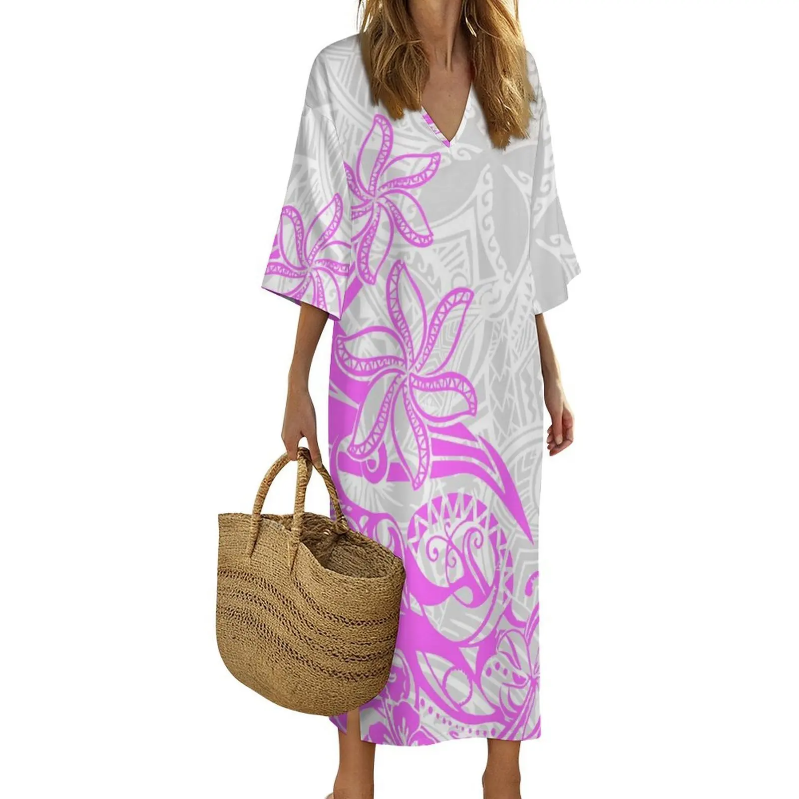 Simple And Elegant Summer New Custom-Made Clothing  Polynesian Floral Print Tribal Art Design Long Dress For Women