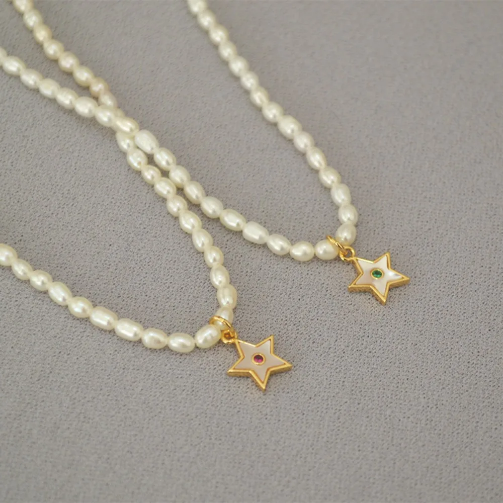 

Japanese Style Gentle Freshwater Rice Pearl Strand Temperament Star Zircon Mother-of-pearl Pendant Clavicle Chain Necklace Women