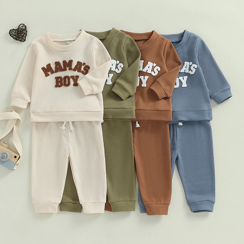 2024-05-15 Lioraitiin Baby Boy Waffle Outfit, Letter Embroidery Long Sleeve Sweatshirt Elastic Waist Pants 2 Piece Set for Fall