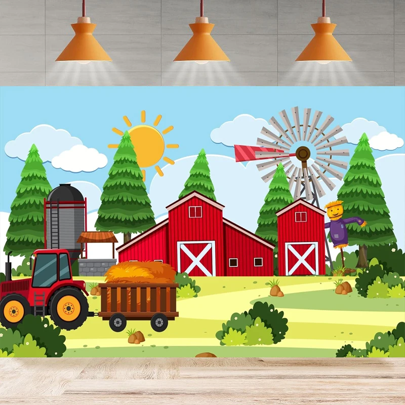 Fondo de fotografía fiesta dibujos animados granja puerta de Granero rojo Tractor espantapájaros foto niños cumpleaños Fondo pared decoración del hogar Banner