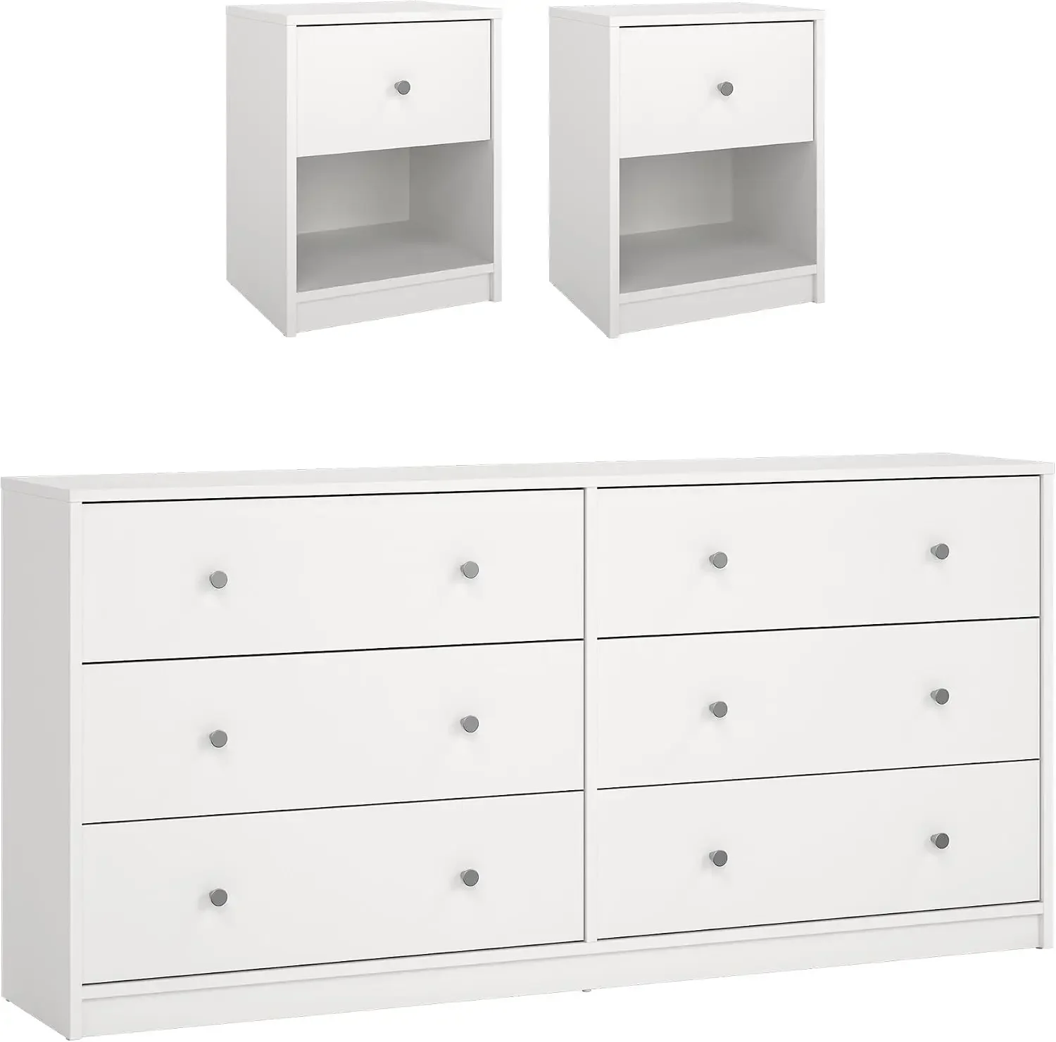 Portland White 3-Piece Bedroom Set - 6 Drawer Double Dresser and Nightstand Set of 2