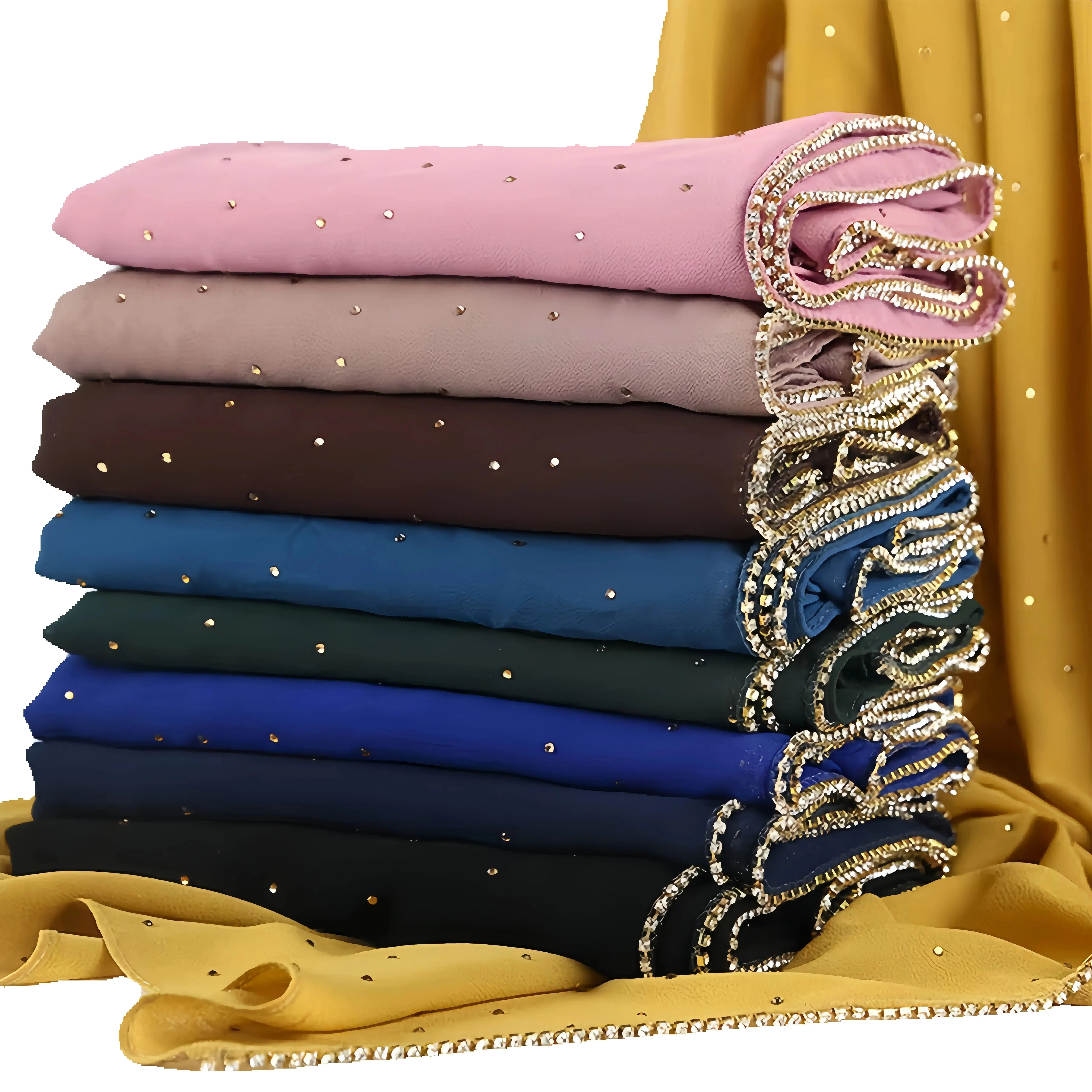 1 Piece Golden Rhinestone Chain Bubble Chiffon Glittering Headwear Wraps Muslim Hijab Scarf