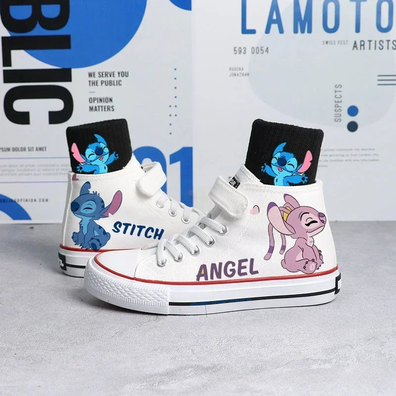 Disney Angel Stitch brezentowe buty Kawaii Cartoon dziecięce sportowe buty dla chłopców dziewczynki wysokie topy obuwie dziecięce modne trampki