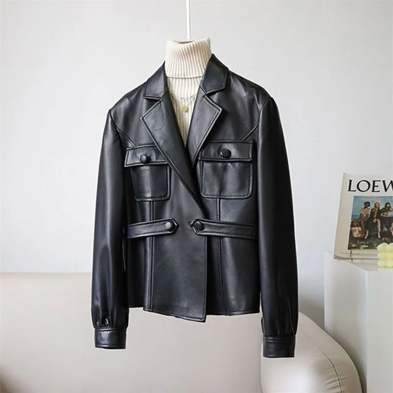 Leather Coat Women\'s Spring Autumn New Motorcycle Outerwear Design Feeling Waist Slim Fashion PU Leather Suit Jacket Female