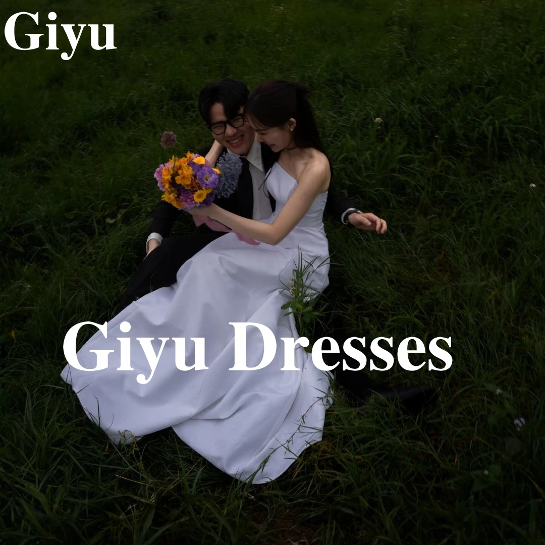 Giyu simples vestido de casamento de cetim branco fotografia coreana fora do ombro sem mangas espartilho volta zip vestidos de noiva personalizados