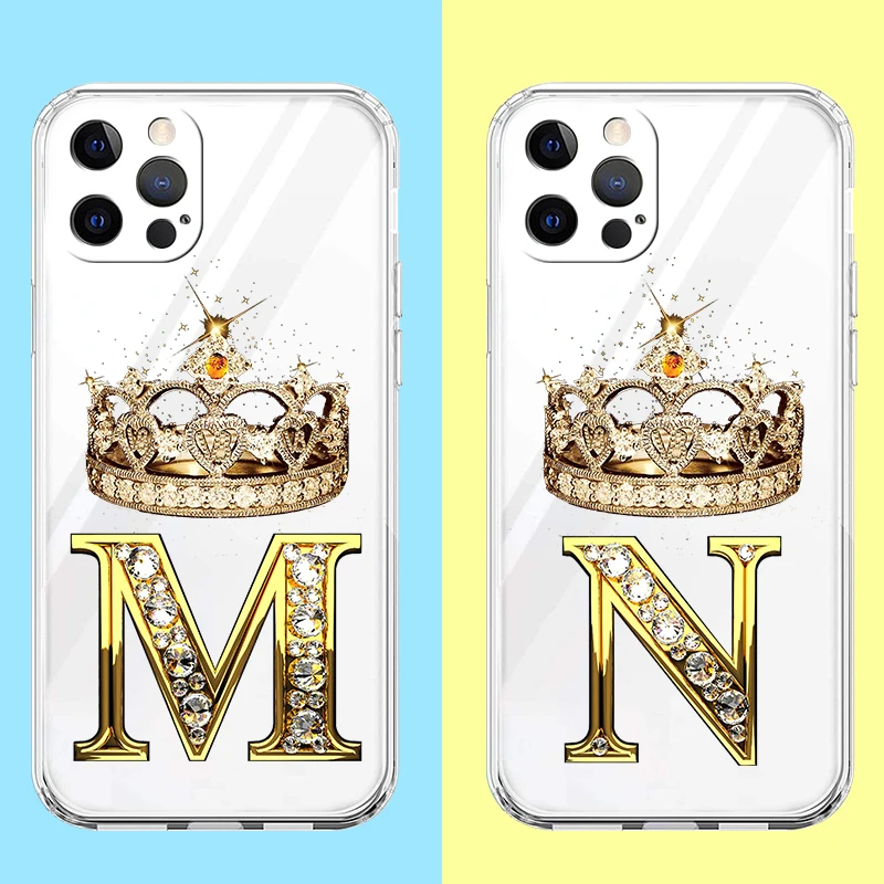 Diamond Crown Letter 26 Letters Phone Case For iPhone 15 14 13 12 Mini 11 Pro Max XS X XR 7 8 Plus Clear Shockproof Cover