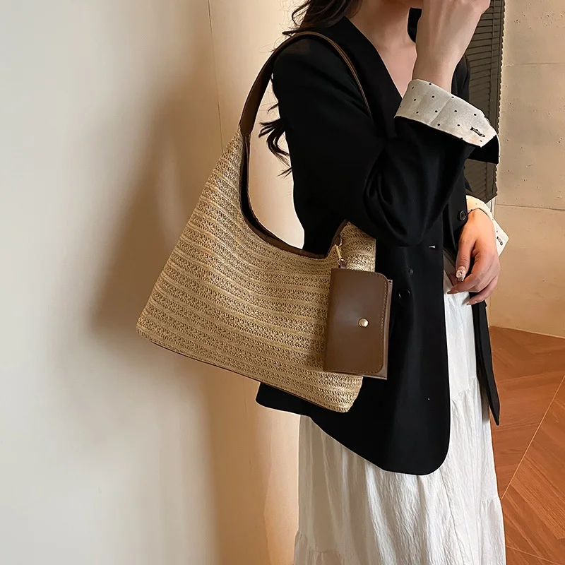 2026 Trendy and Straw Style New Fashionable and Stylish Large-capacity Single Shoulder Woven Commuter Tote Bag for Women
