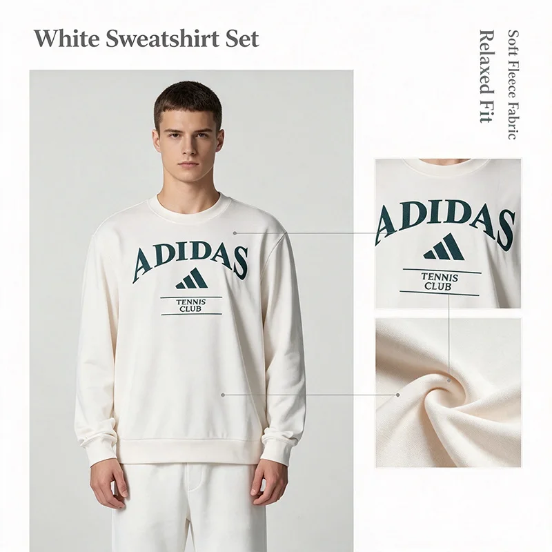 Hot Adidas Authentic White Sweatshirt Set Women 2-Piece Soft Fleece Casual Long Sleeve Top Athletic Pants Loungewear Ka0994