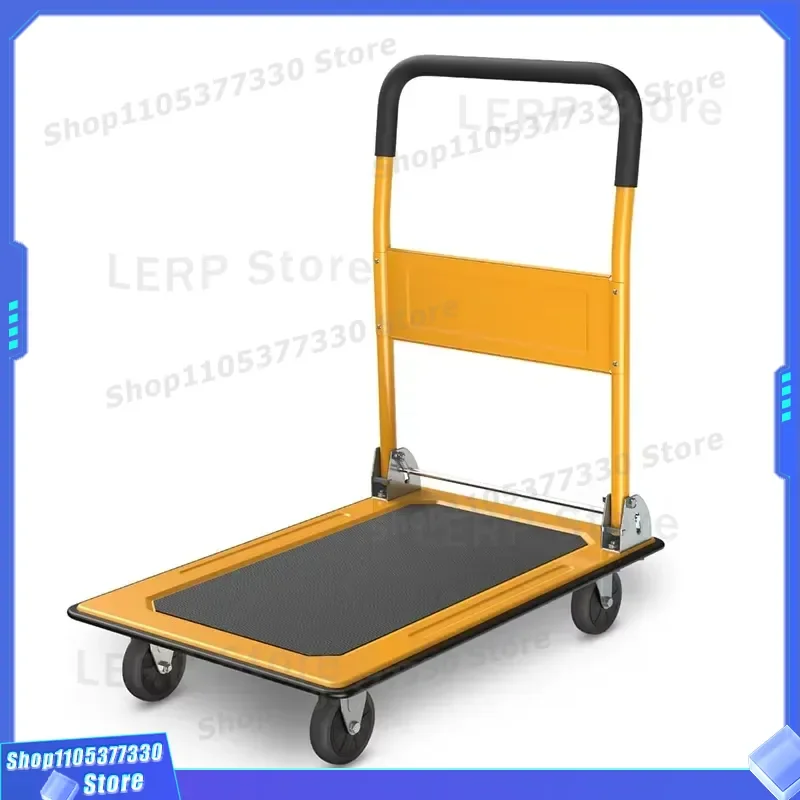 Heavy Duty Foldable Platform Trolley 150kg 300kg Capacity 4 Wheels Yellow Flatbed Cart for Warehouse Logistics Moving Hand