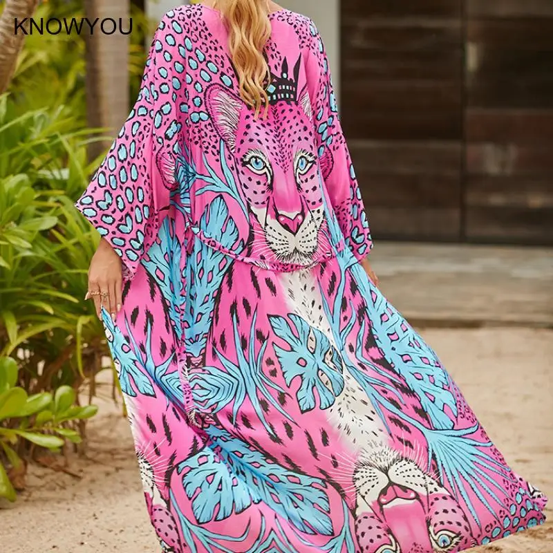 Beach Cover Ups Sexy Leopard Print Swimsuit Cape Women Long Pareo Self Belted Wrap Dresses Holiday Bathing Suits Kimono Cloak