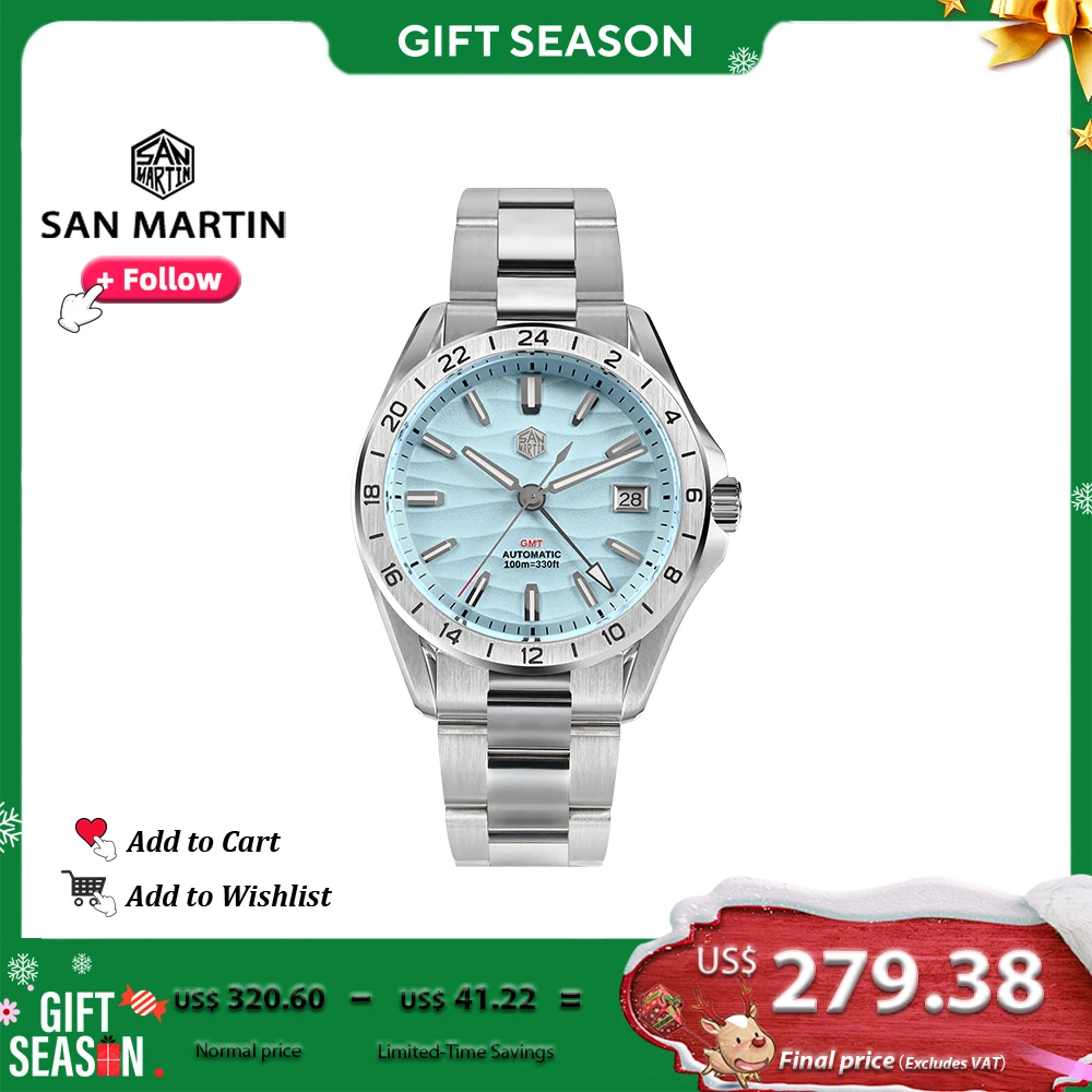San Martin 39mm GMT NH34 Luxury Men Watch Stainless Steel Automatic Mechanical Fashion Textured Dial Sapphire Luminous SN0129