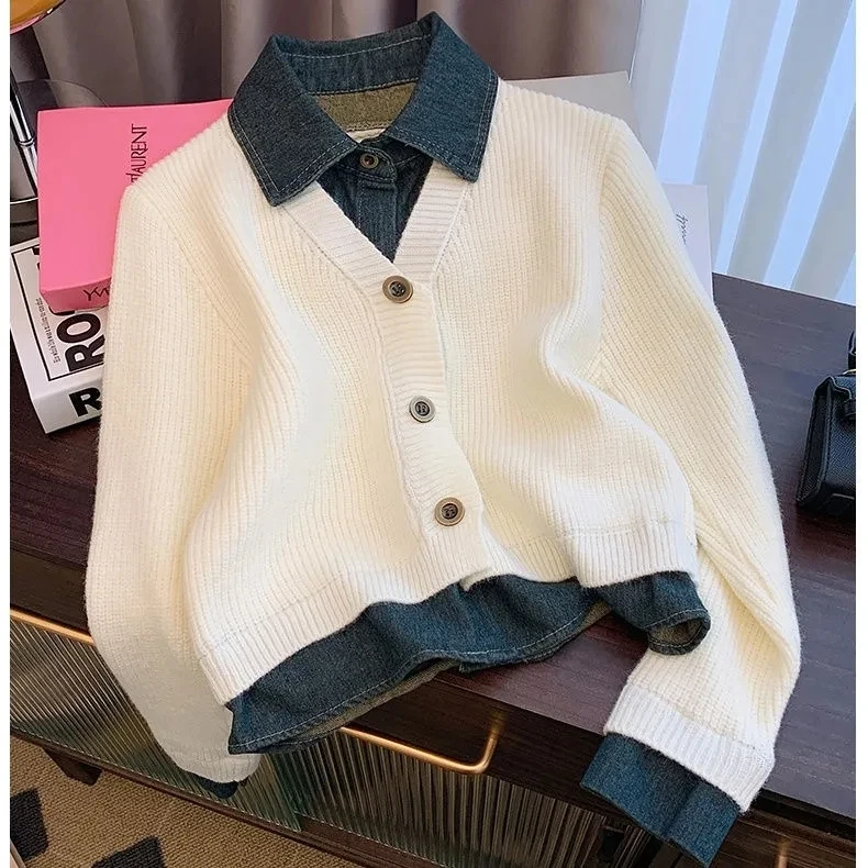 

Fake two-piece Sweater Knitted Cardigan Women's Autumn Winter Design sense Polo collar Denim patchwork Long sleeved Loose Top