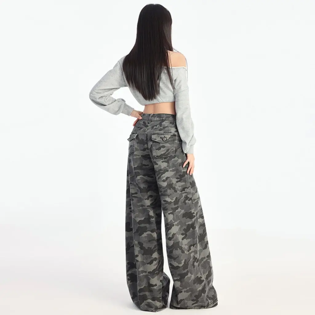 

Женские широкие камуфляжные джинсы с высокой талией, утягивающие прямые брюки в стиле ретро, американская уличная рабочая одежда, лето