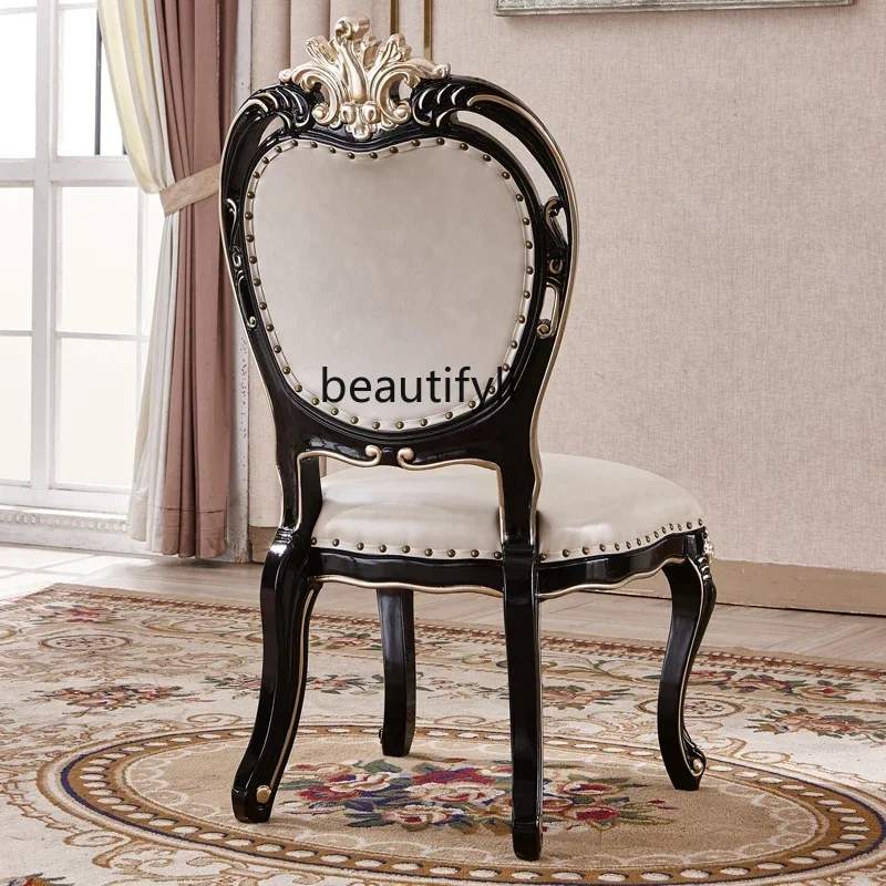 

European dining chair all solid wood double-sided carved dining chair dining room study first layer cowhide back chair A16