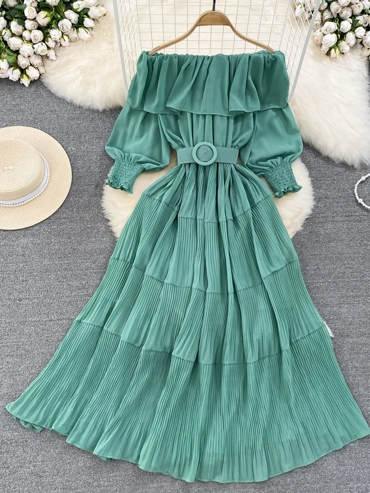 

Ele Vintage Gored Skirt Dr One oulder Bell Sve Slimming A-Line Midi Dr Korean Sle Commute High Waist Long Sl...