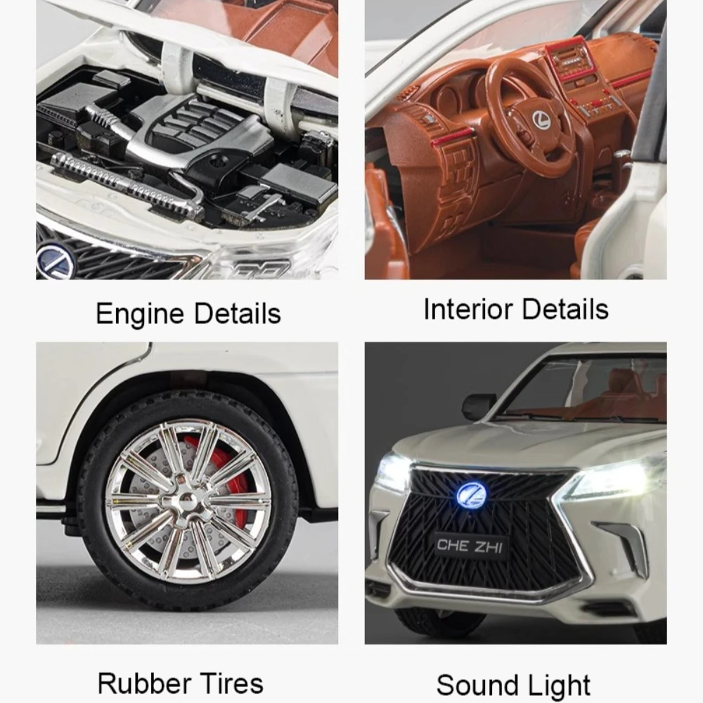 1:24 LM300H LX570 modelo de coche de juguete de aleación Diecast sonido luz tirar hacia atrás puerta abierta modelos en miniatura regalos de cumpleaños para niños