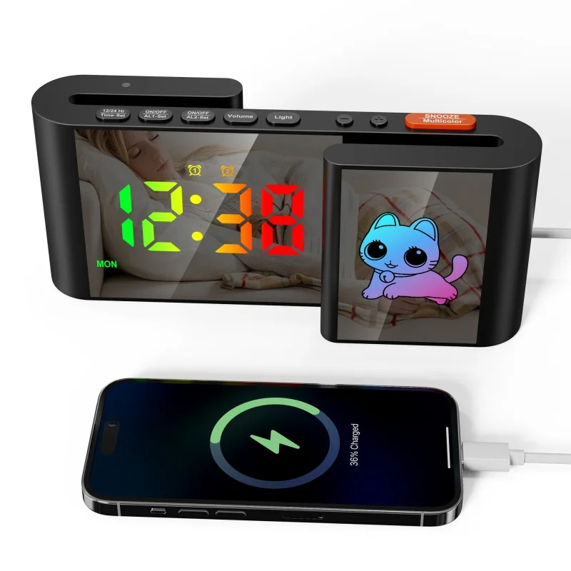 RGB Digital Alarm Clock with Cartoon Colorful Mood Light 2 Alarm 5 Levels Volume 12/24H USB Output Port Snooze Table LED Clock