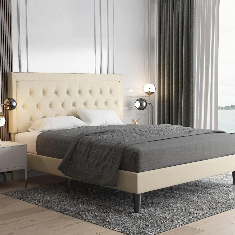 

Tufted Platform Bed Frame/Fabric Upholstered Bed Frame with Adjustable Headboard/Wood Slat Support/Mattress Foundation/Beige