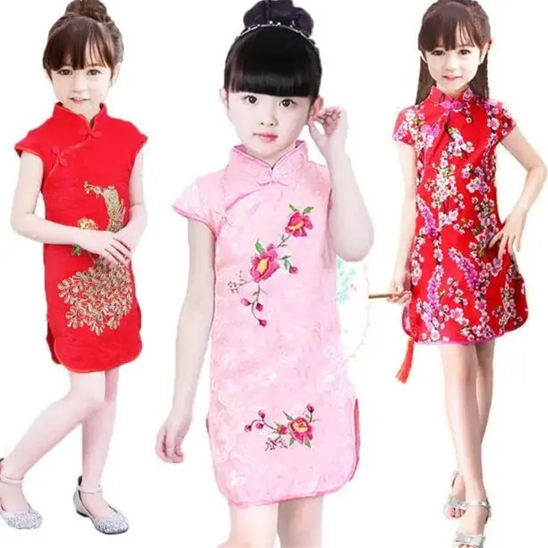 Frete Grátis: Novo Vestido Floral Infantil Chinês para Meninas, Gola Redonda, Roupa de Maternidade, Vestido Infantil Sem Marc...