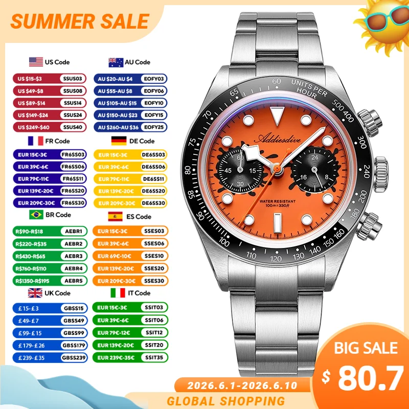 

ADDIESDIVE New Quartz Chronograph VK64 Movement Bubble Glass 316L Stainless Steel Luminous 100m Waterproof Men's Watch AD2520