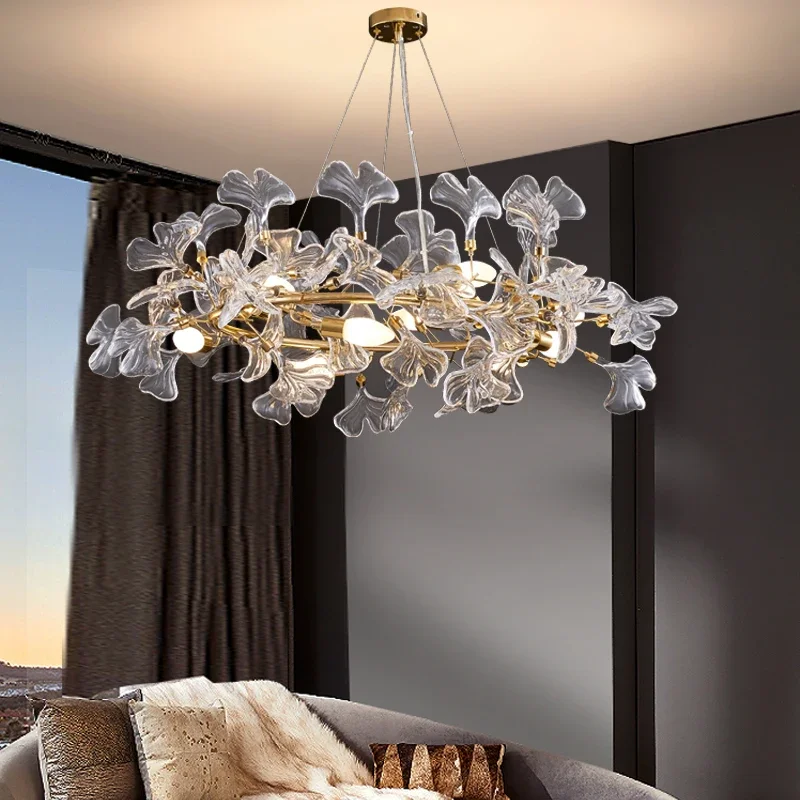 Light Luxury Art Pendant Light Living Room Villa Light Luxury Pendant Lamp Creative Designer Ginkgo Leaf Lighting Fixture