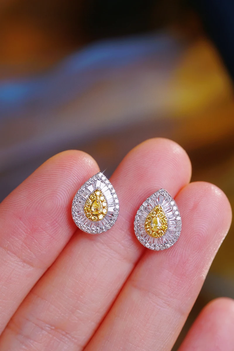 KUGG 18K White Gold Earrings Luxulry Shiny Design 0.70carat Real Natural Yellow Diamond Earrings for Women High Wedding Jewelry