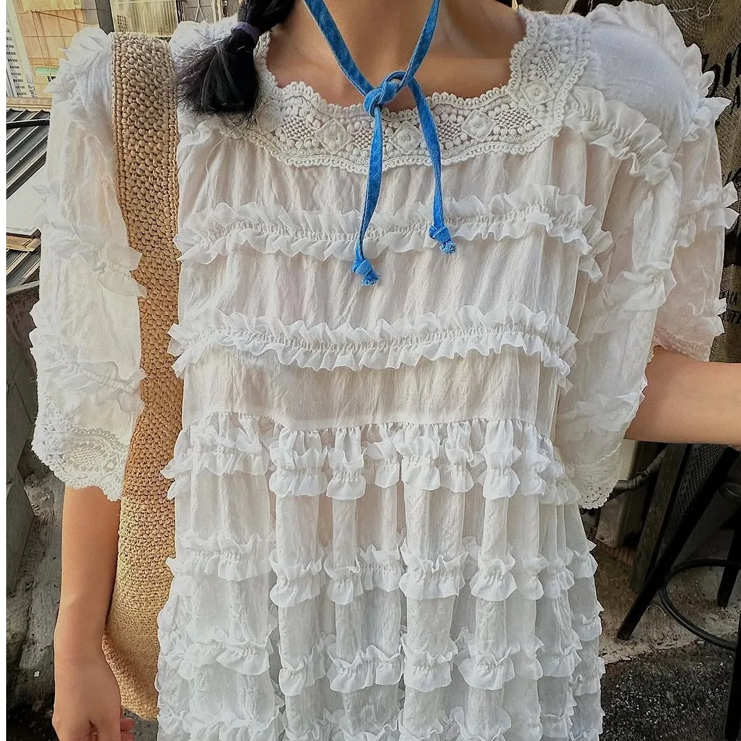 Csa Fena de Manga Curta com Detalhes em Renda, Design Único, Estilo Doce e Fofo, Csa de Tamanho Pequ, Estilo Cor...