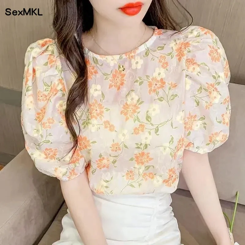 Vintage Puff Sleeve Tops Mujer 2024 Fashion Floral Printed Chiffon Blouses Casual Korean Sweet Summer Blusas Femininas XXXL