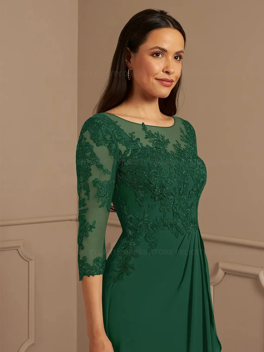 Green Mother of the Bride Dresses 2023 A-Line O-neck Floor-Length  Lace Pleated Formal Wedding Guest Dresses Vestidos de Gala