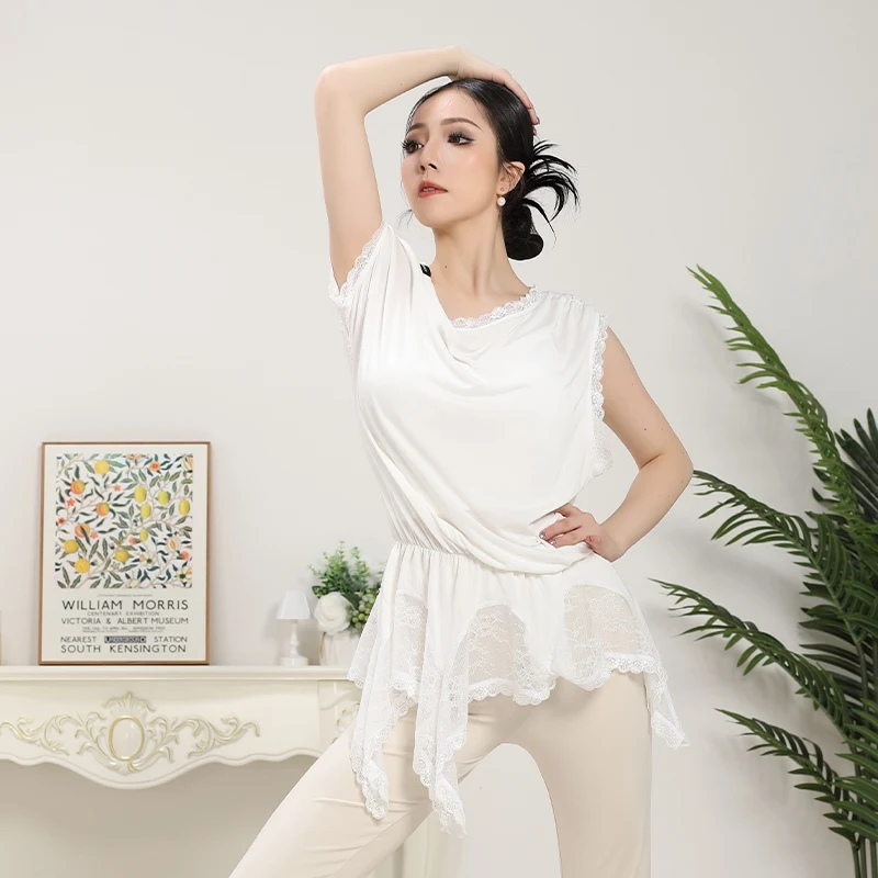 Traje de baile latino para mujer, Top de encaje suelto de verano, Tops negros de manga corta, ropa de entrenamiento de bailarina femenina blanca, ropa de práctica 3811