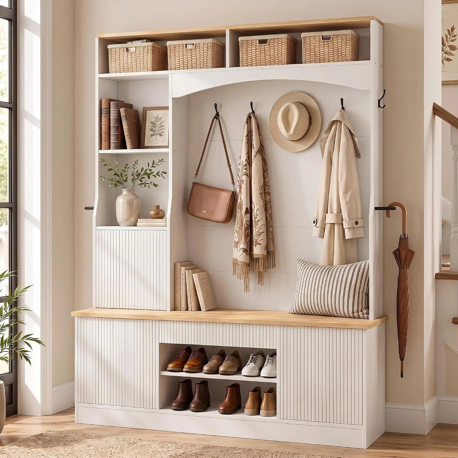 75" Hall Tree with Bench Storage Double-tier Coat Hooks Shoe Cabinet LED Lights Entryway Bedroom Mudroom White, Customized view 6