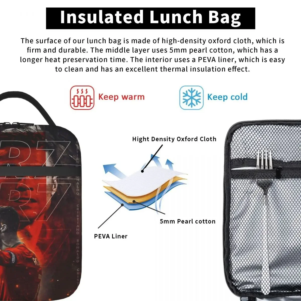 Cristiano Ronaldo Art CR7 Thermal Insulated Lunch Bag for Office Portable Food Container Bags Men Women Cooler Thermal Lunch Box