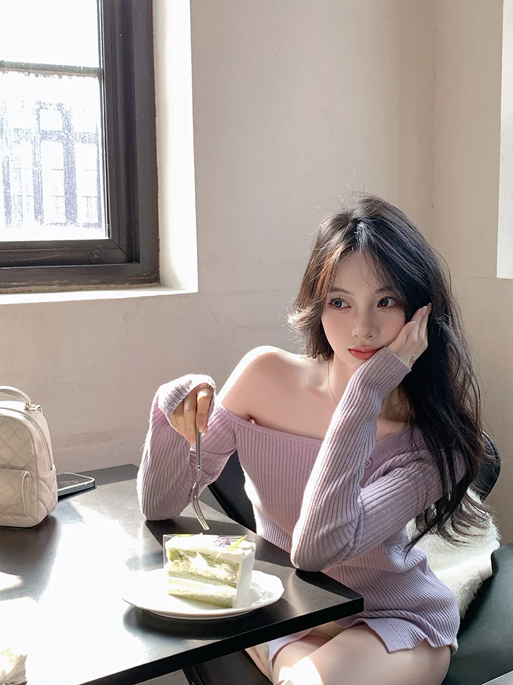 

ZhouYeye Women's Full Wool Purple oulder Bared Knitted Sweater Lazy Sle Long Sve V-Ne Regular Length Winter New Arrival