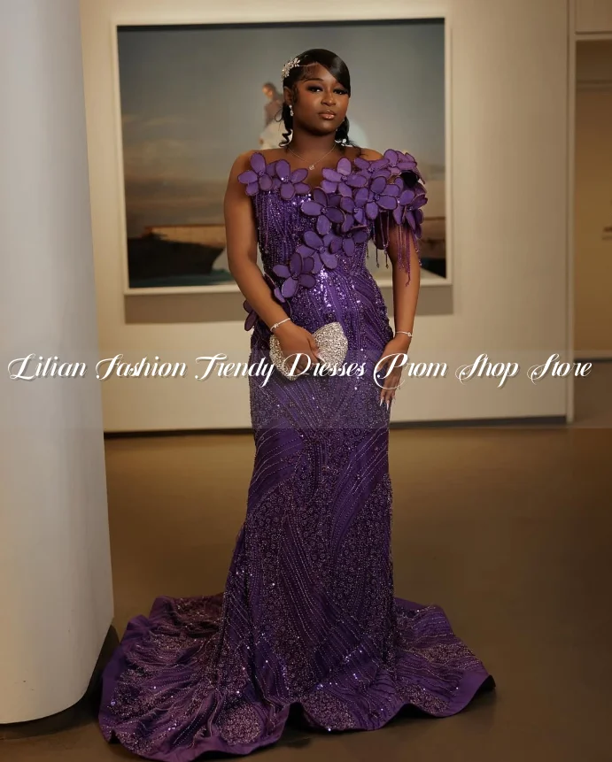

Luxury Grape Purple Mermaid Prom Dress Exquisite Leaf Applique Card Shoulder Glitter Mermaid African Wedding Dress Customised