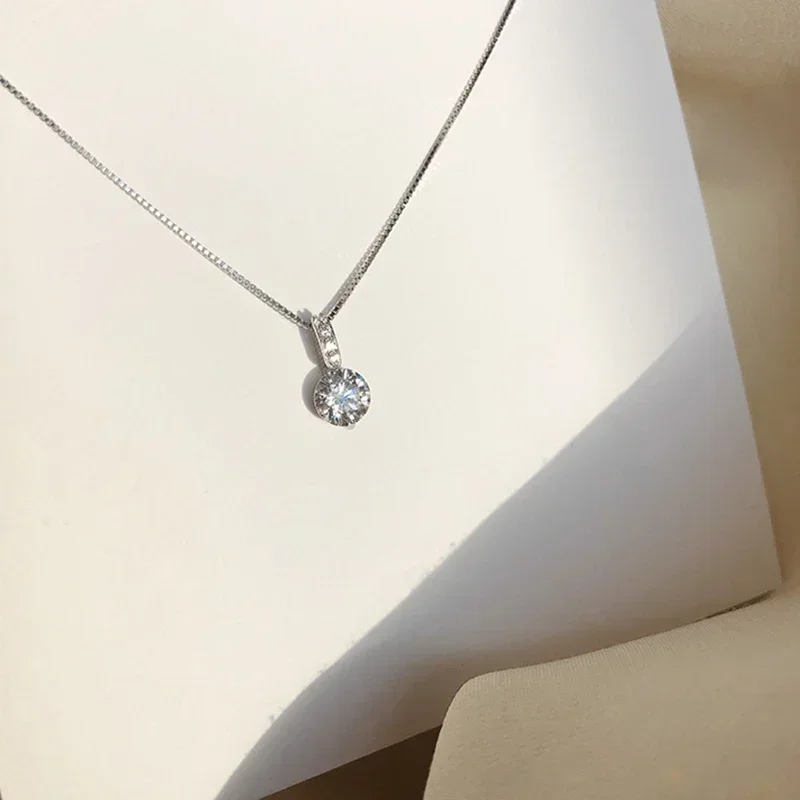 Light Luxury Round White Zircon Pendant Silver Color Necklace Minimalist Style Charm Choker Party for Women\'s Fashion Jewelry