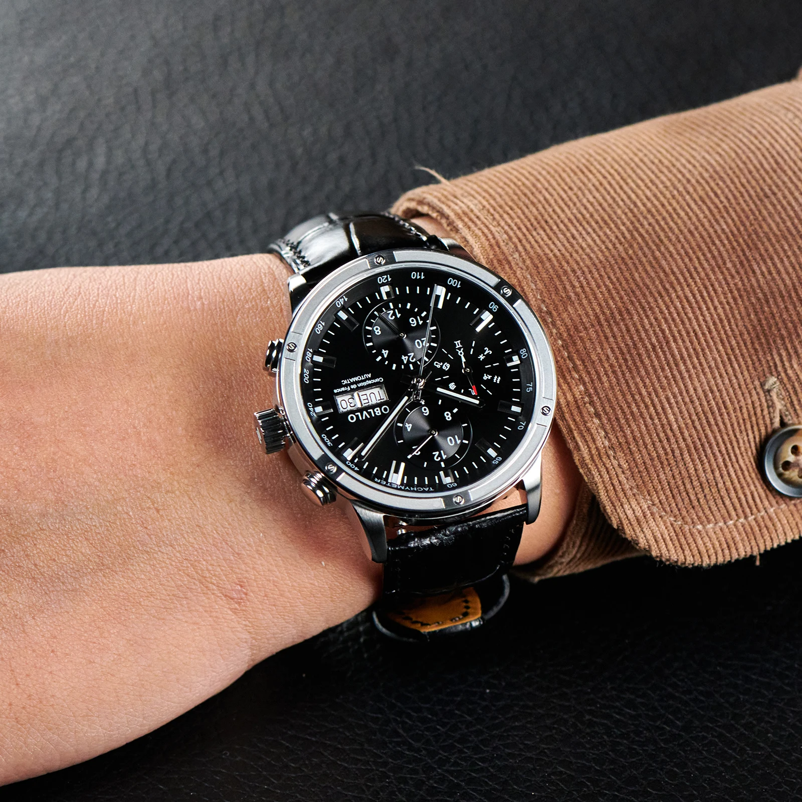 OBLVLO Brand Men Dress Automatic Watch Mechanical Leather Strap Sapphire Year Month Week Calendar 24-Hour Display 40mm Clock CM2