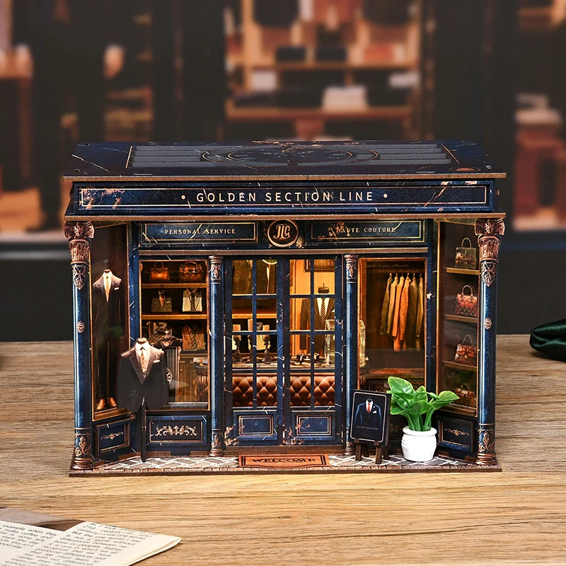 Kit de Montagem DIY para Estante de Livros em Miniatura com Tema de Loja de Roupas em Madeira, Modelo em Miniatura com Linha da Seção Dourada, Suporte para Livros, para Presentes de Aniversário de Amigos
