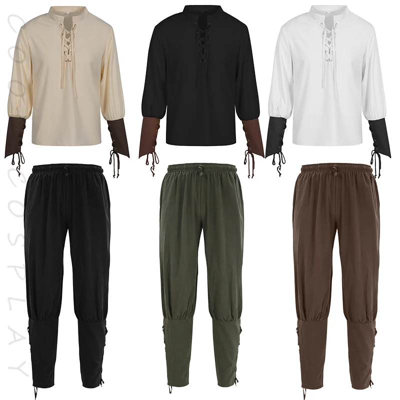 Vintage Men's Pirate Cosplay Costume Medieval Victorian Lace Up Long Sleeve Shirts Vest Pants Vintage Steampunk Carnival Suits