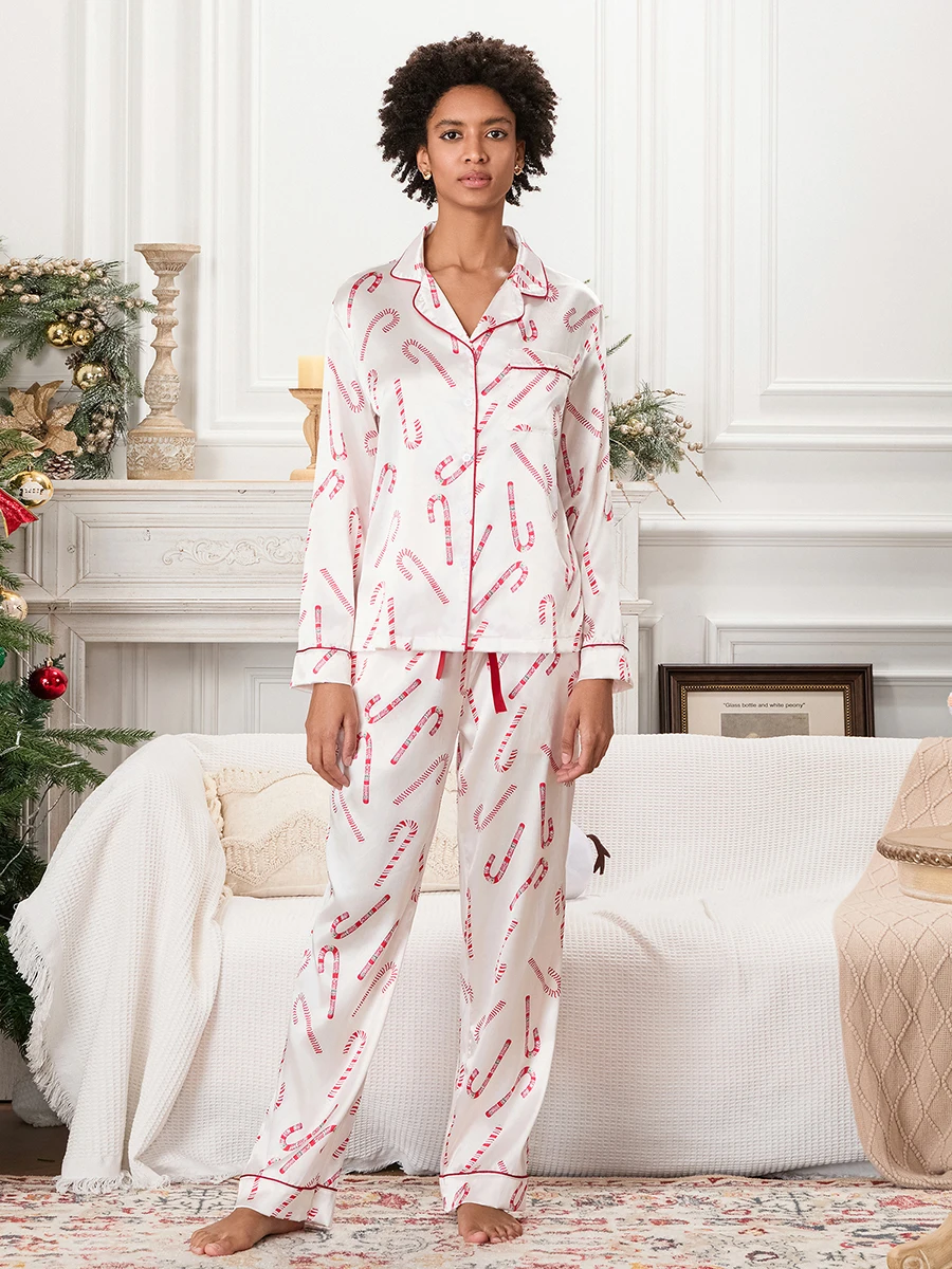 Women’s 2 Piece Christmas Pajama Set Long Sleeve Candy Cane Print Button Shirt + Elastic Waist Pants Set Loungewear Sleepwear