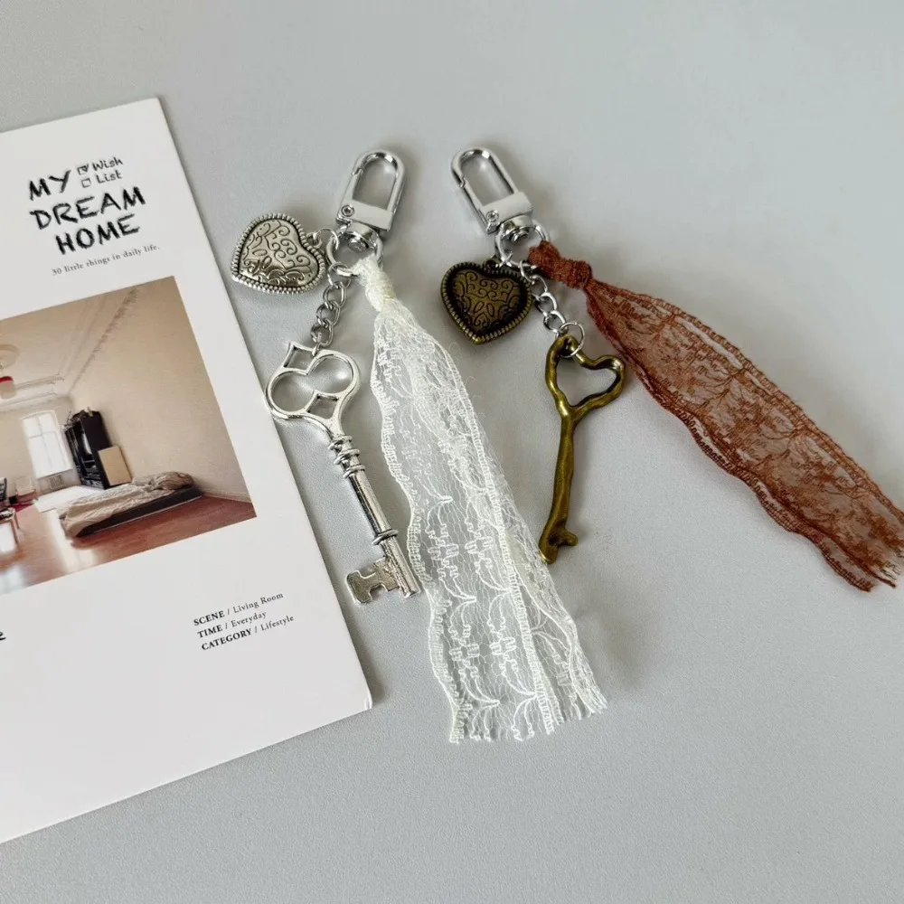 Ins نمط الدانتيل على شكل قلب نمط مفتاح الكرز سلسلة مفاتيح مرآة الرجعية Y2k لطيف تنوعا حقيبة معلقة الديكور المفاتيح