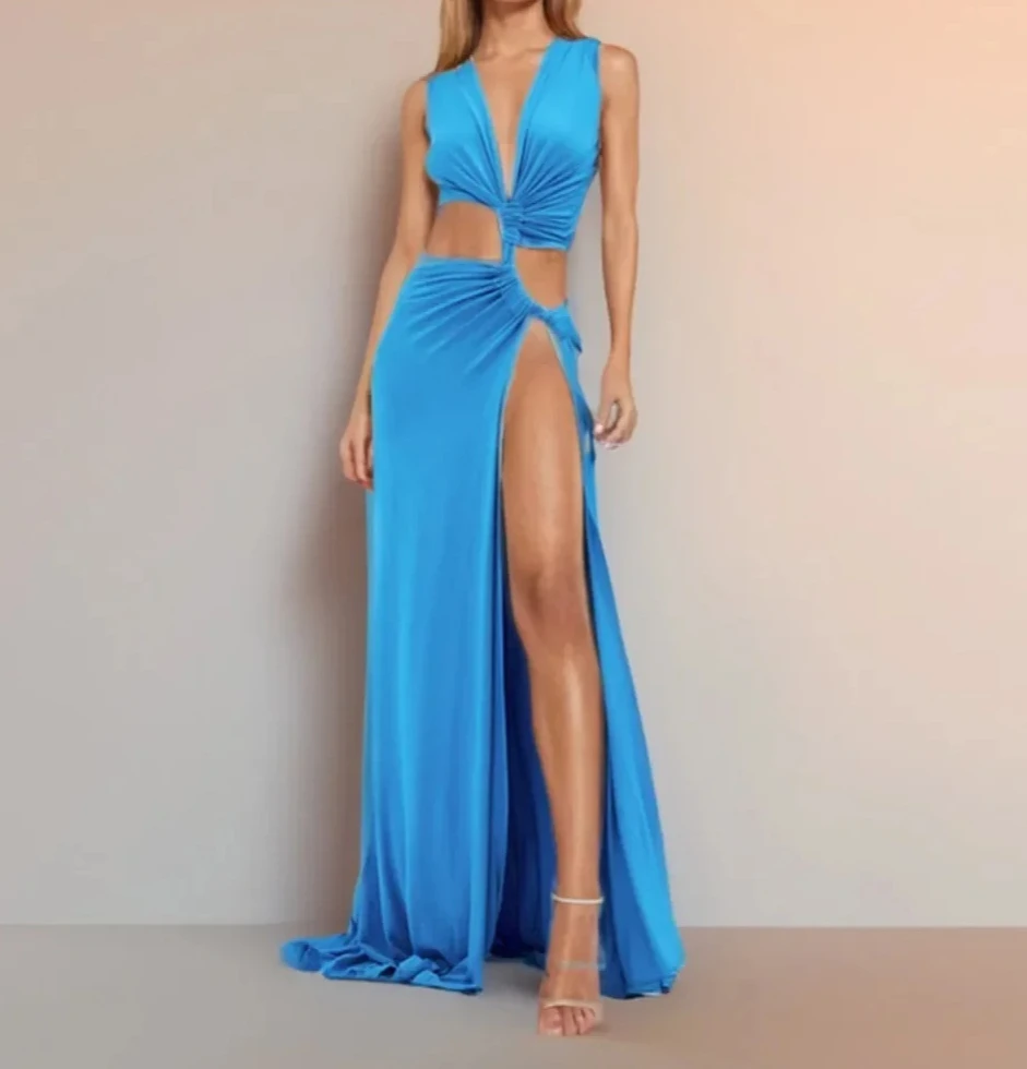 Vrouwen Mode Feestjurk Hollow Out Sexy Slit Avondjurken voor Vrouw V-hals Off-de-schouder Mouwloze Formele Prom vestidos