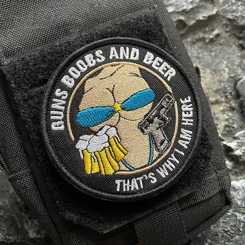 Three Small Hobbies Embroidery Patches Hook&Loop Creative Beer Weapons BOOBS Morale Badge for Clothes Tactical Backpack Applique