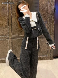 Winter Two Piece Sets for Women Lapel Patchwork Short Coats Top Wide Leg Casual Pants 2023 Korean Fashion Womens Outfits