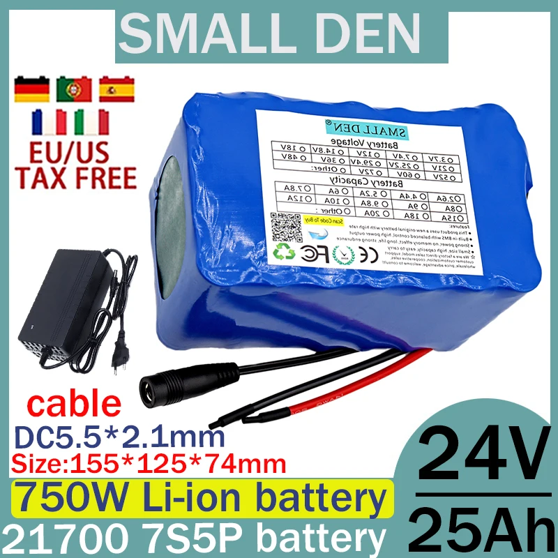 New 24V 25ah 21700 7S5P lithium-ion battery pack with 750W outdoor backup battery,equipped with electric vehicle+2A3A5A charger