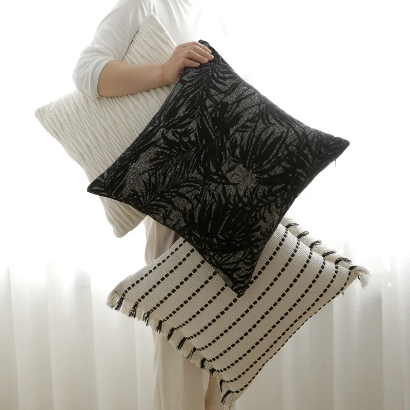 Chenille Sofa Cushion Covers with Black Maple Leaf Pattern Pillowcase Beige W-Pattern Quilted Bedside Pillow Cover Fringe