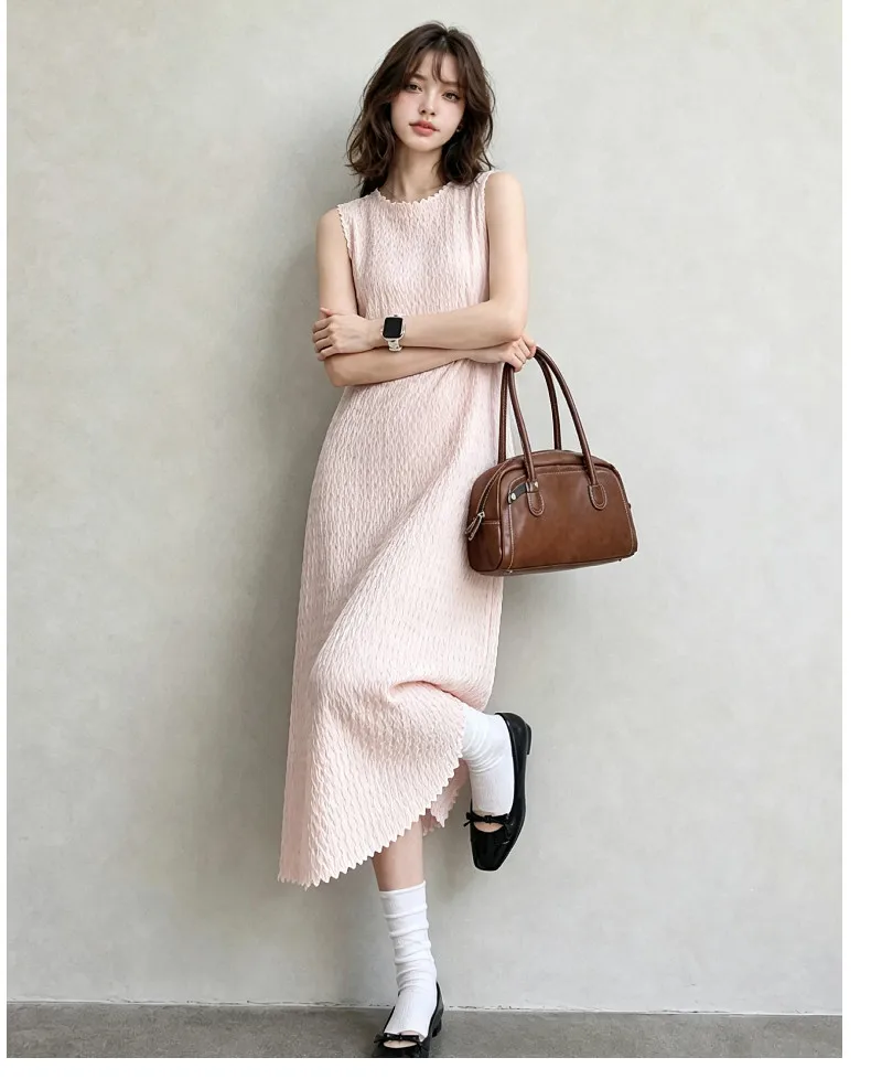 Miyake Plissee-Kleid, Damen, ärmelloses Midikleid, strukturiert, lockere Passform, elegant, lässig, Sommermode, Vintage-Stil, schicker Look – Detail 7